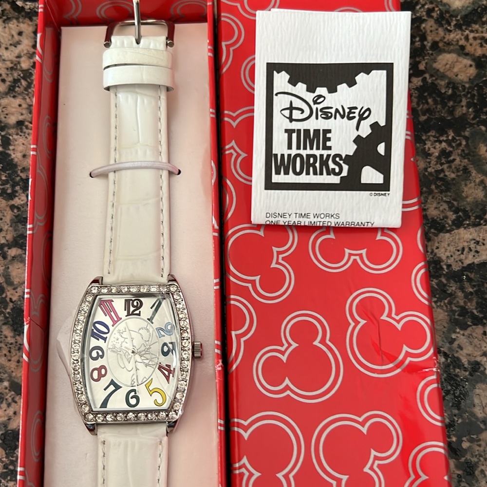 Disney Time Works Tinkerbell Watch White Embossed leather adjustable strap NIB
